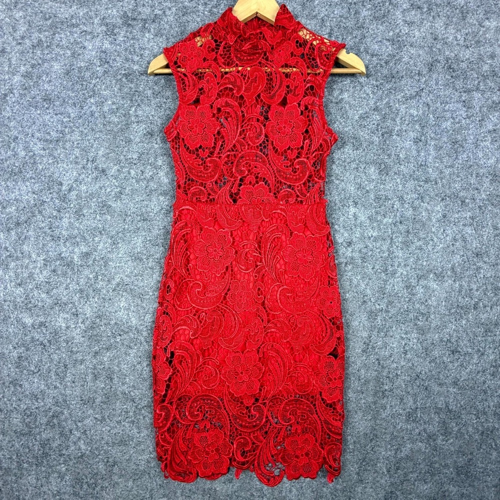 Miss Holly Sheath Dress Womens XS Red Lace Floral Sexy Date Night Sheer